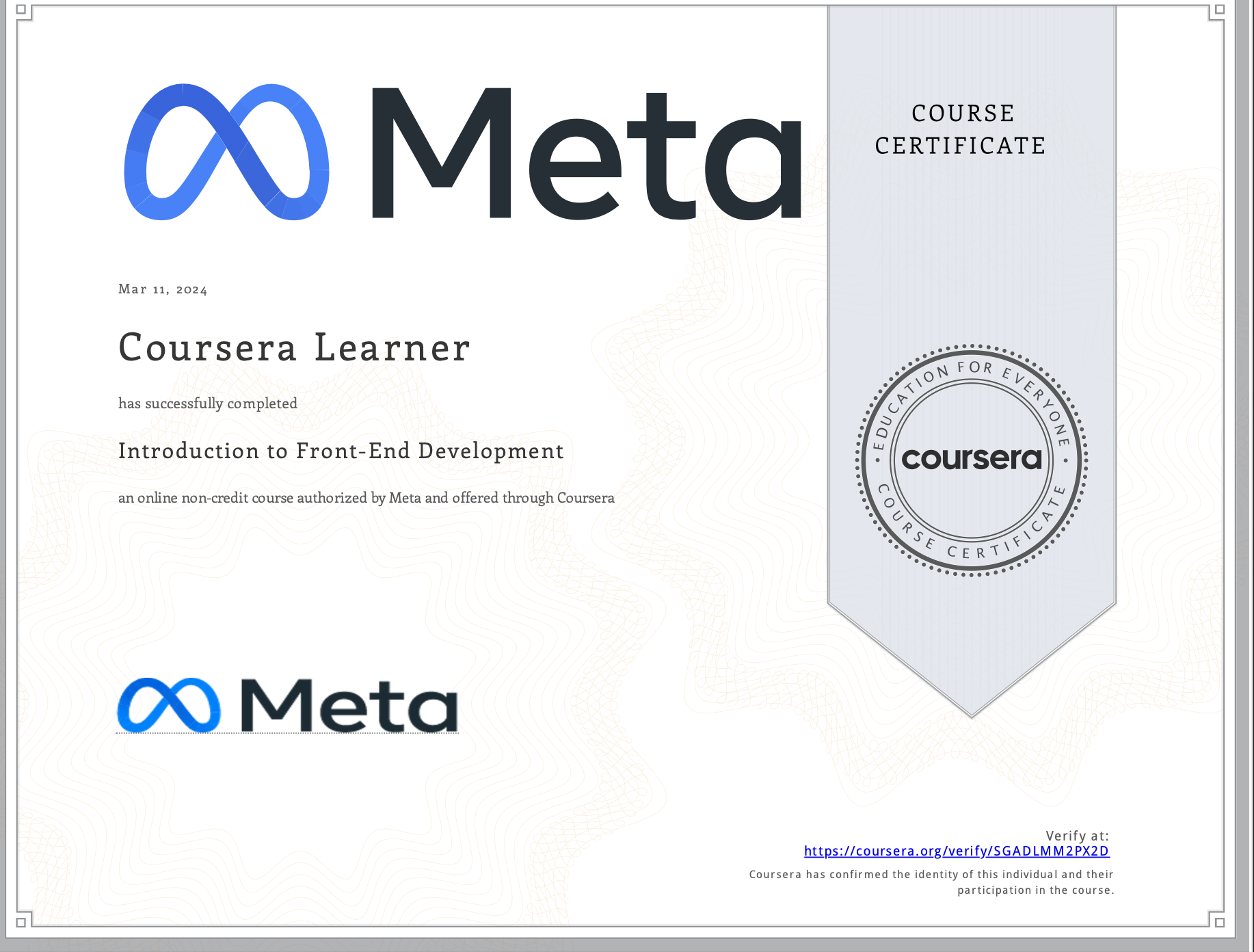 Certificato del corso Introduction to Front-End development